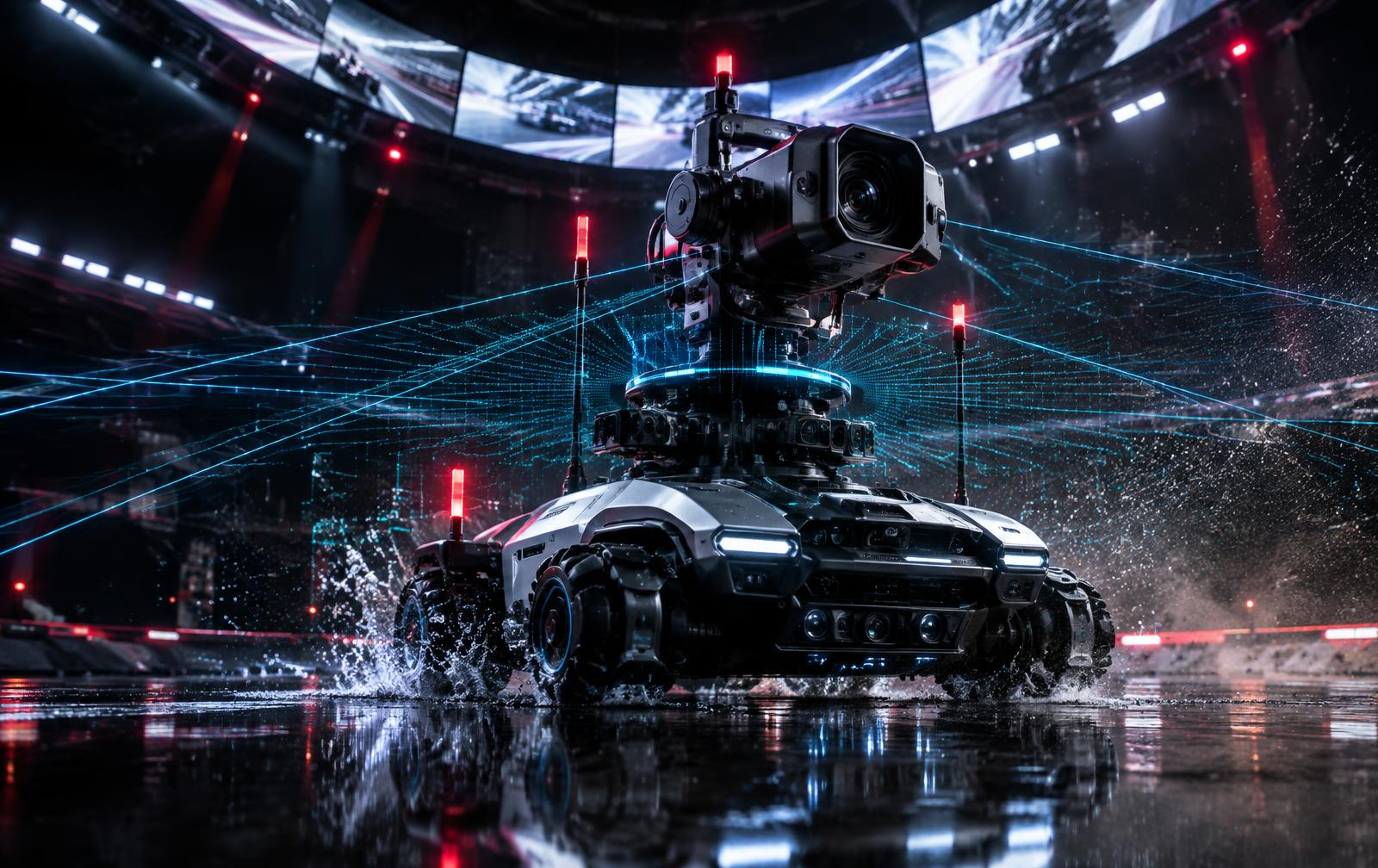Distinct sensor-heavy broadcast robot in the P.AI Games arena under high-speed cameras