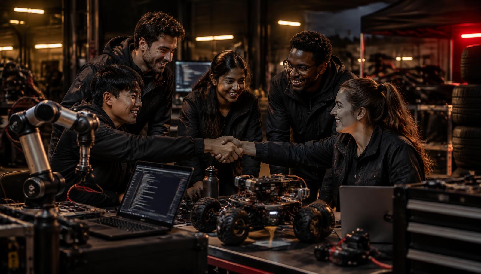 Engineers from different countries shaking hands over a robot arm and a mobile robot in a pit garage