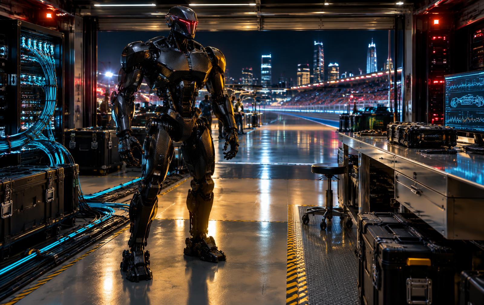 Distinct carbon-fiber constructor robot inside a P.AI Games paddock garage