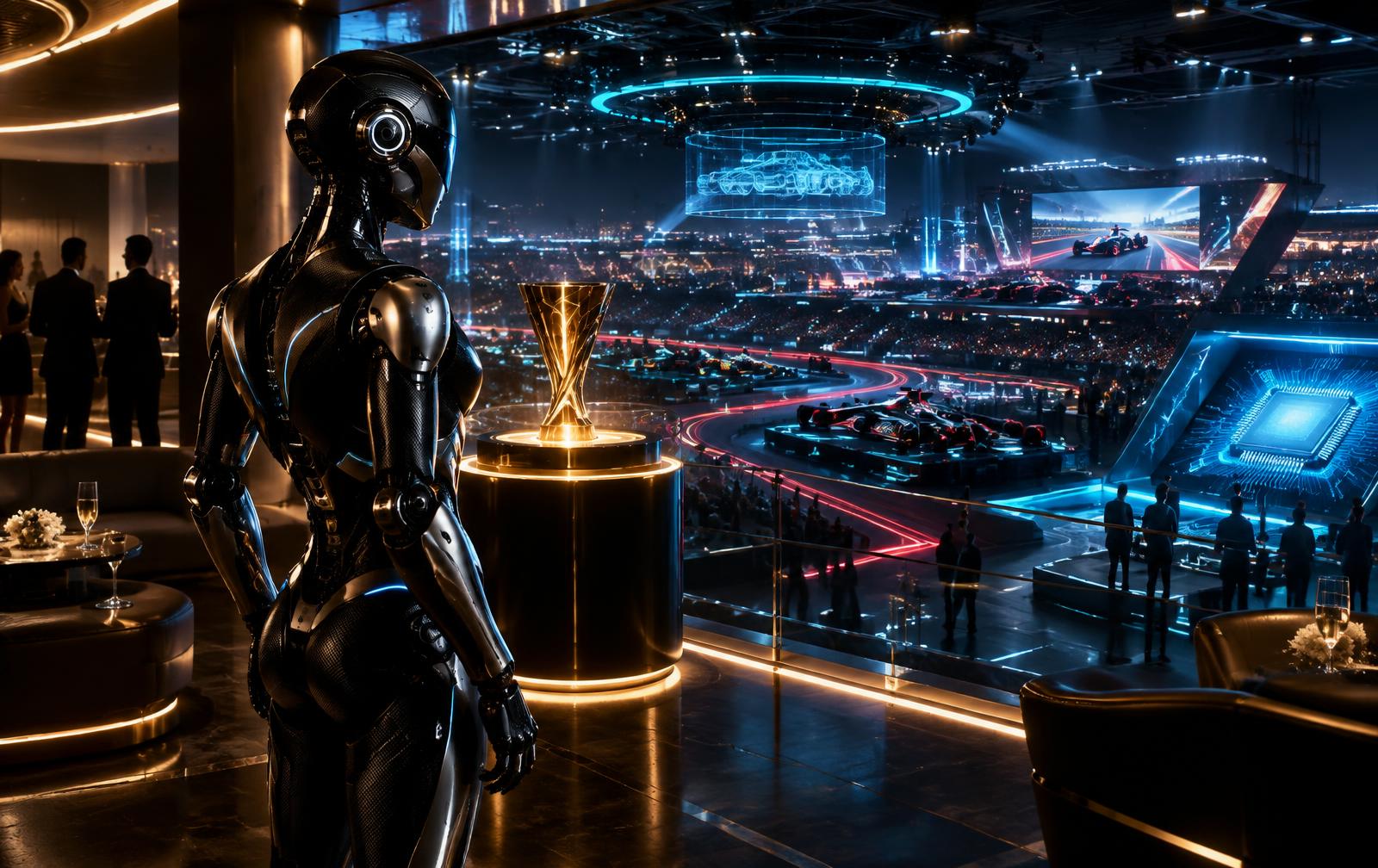 Distinct luxury partner robot overlooking the P.AI Games arena from an executive pavilion