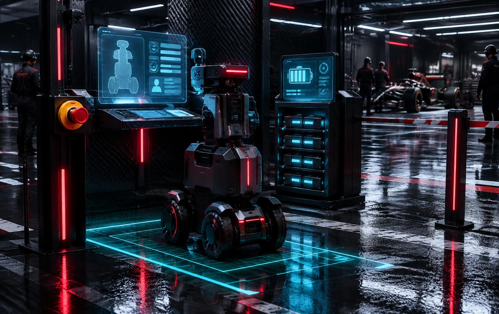 Distinct compact robot at the P.AI Games race control registration checkpoint