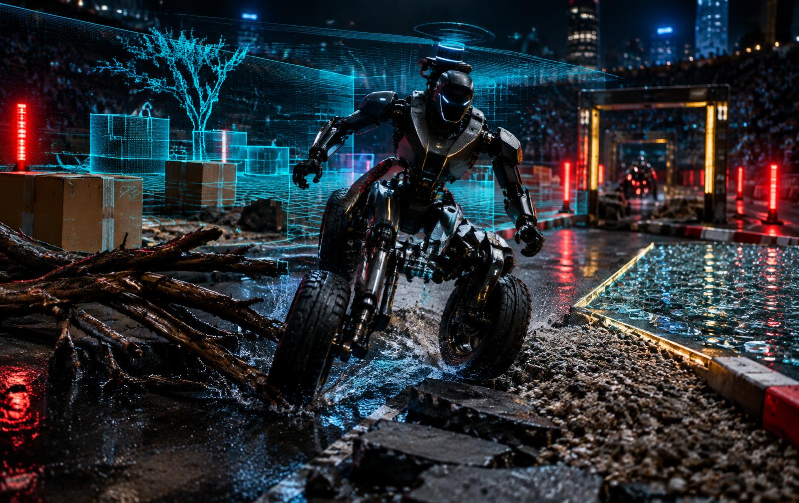 Rugged competition robot crossing the SLAM Gauntlet obstacle trail with cyan mapping grids