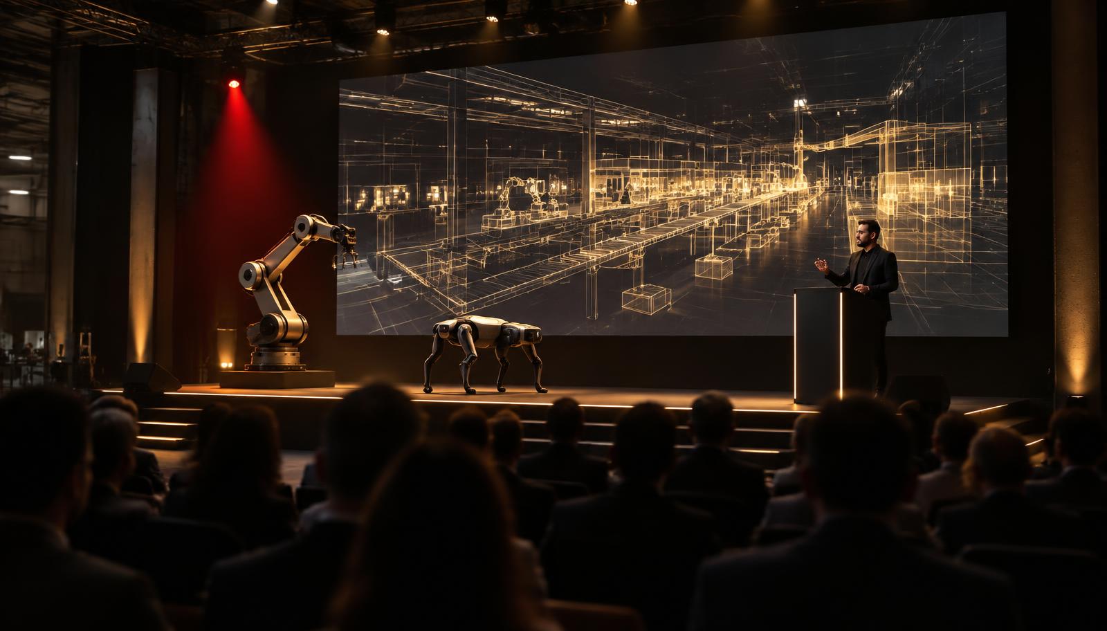Keynote stage with a robot arm and a quadruped robot in front of a digital twin display